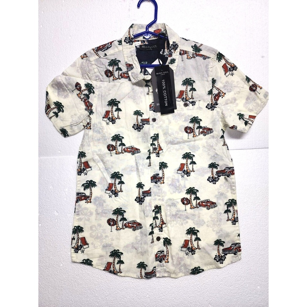 Brave Soul Shirt Youth Size 11/12 White Casual Button Up Coconut Plants Print